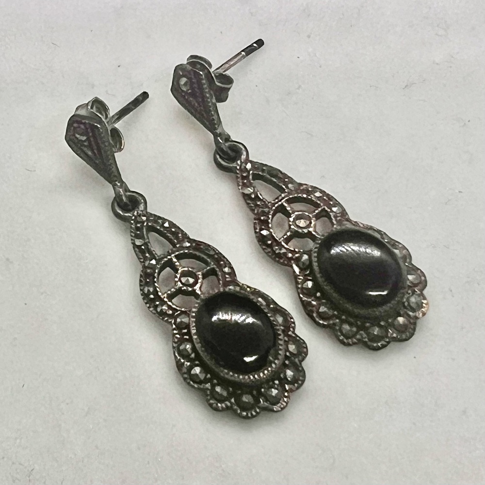 Vintage‎ Antique Art Deco Sterling Silver Marcasite Pendant Onyx Drop Earrings